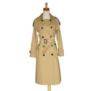 Women’s Beige Double Breasted Trench Coat Belted Classic Long Coat Size XS